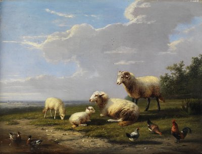 Paysage printanier avec moutons, poules et canards - Franz van Severdonck